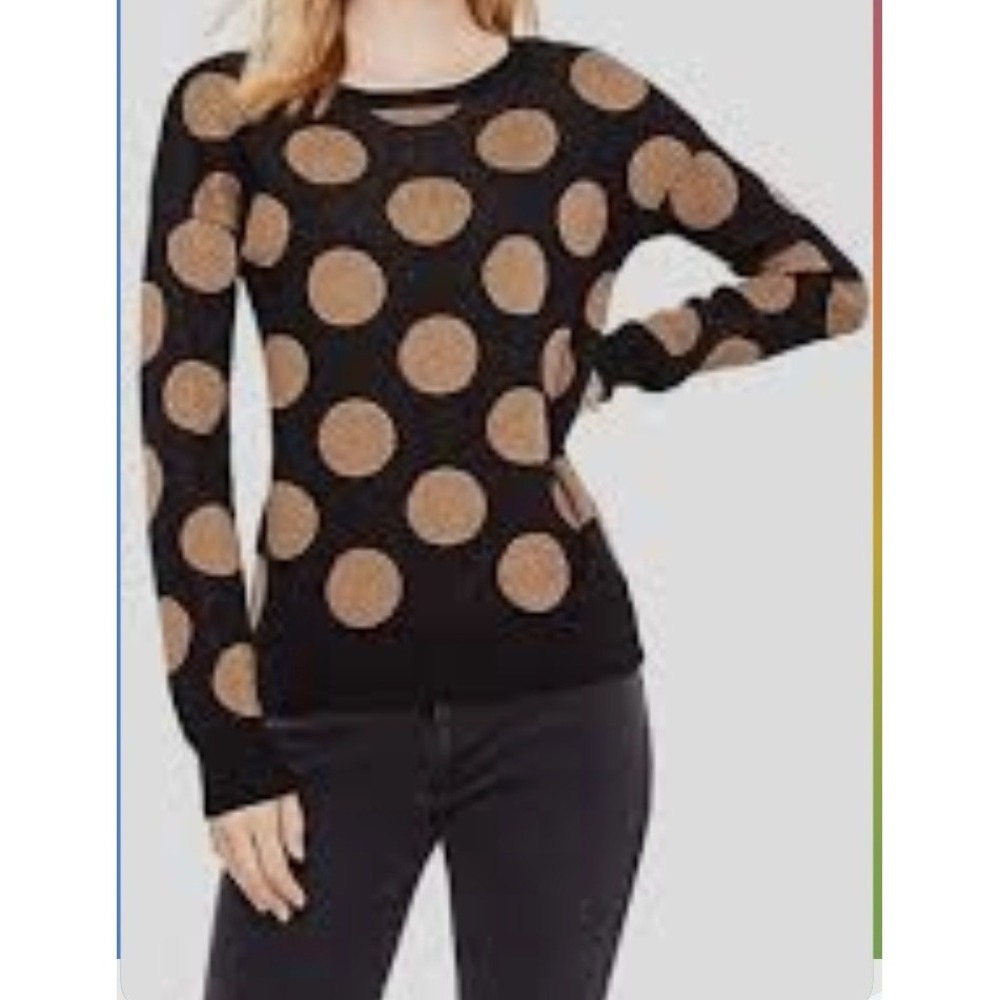 Ann Taylor Womens Medium Black Gold Metallic Polka Dot Crew Neck Sweater 443589